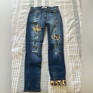KanCan Blue Distressed Jeans with Leopard Accents